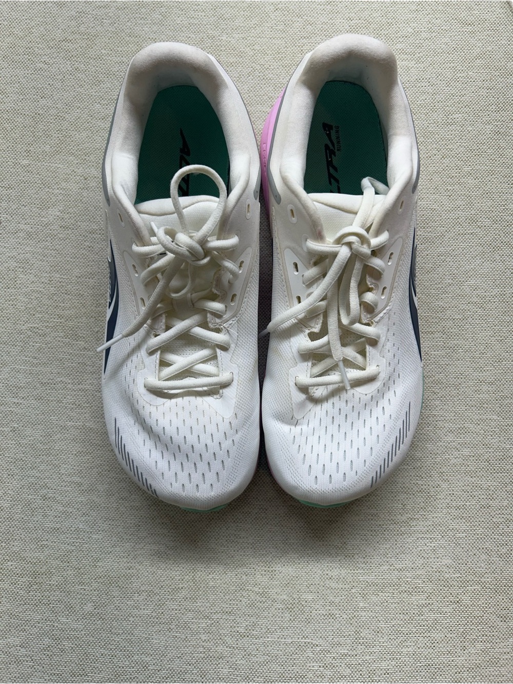 Altra Women’s White Running Shoes with Pink Rear and Teal Insole